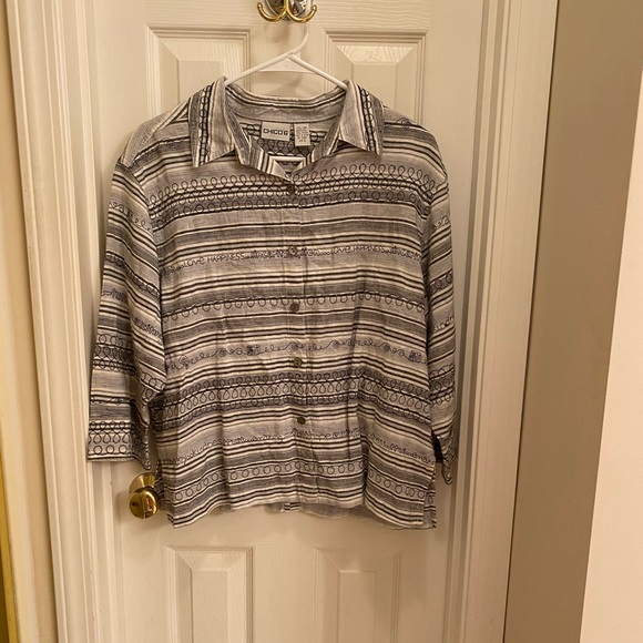 Chicos Linen Shirt Size 2 (12/14) Embroidered Button Up Inspirational 3/4 sleeve - Picture 1 of 15
